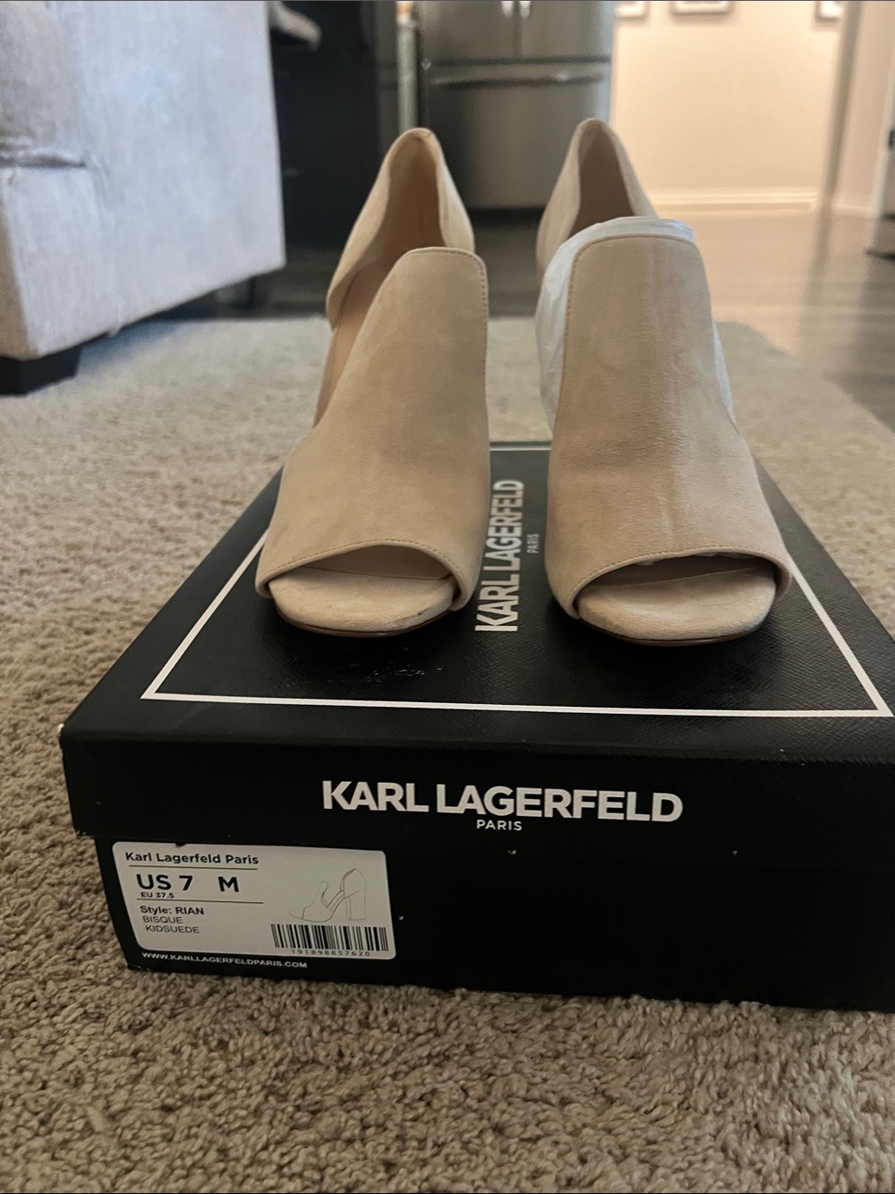 Karl Lagerfeld Open-Toe Suede Heels in Nude